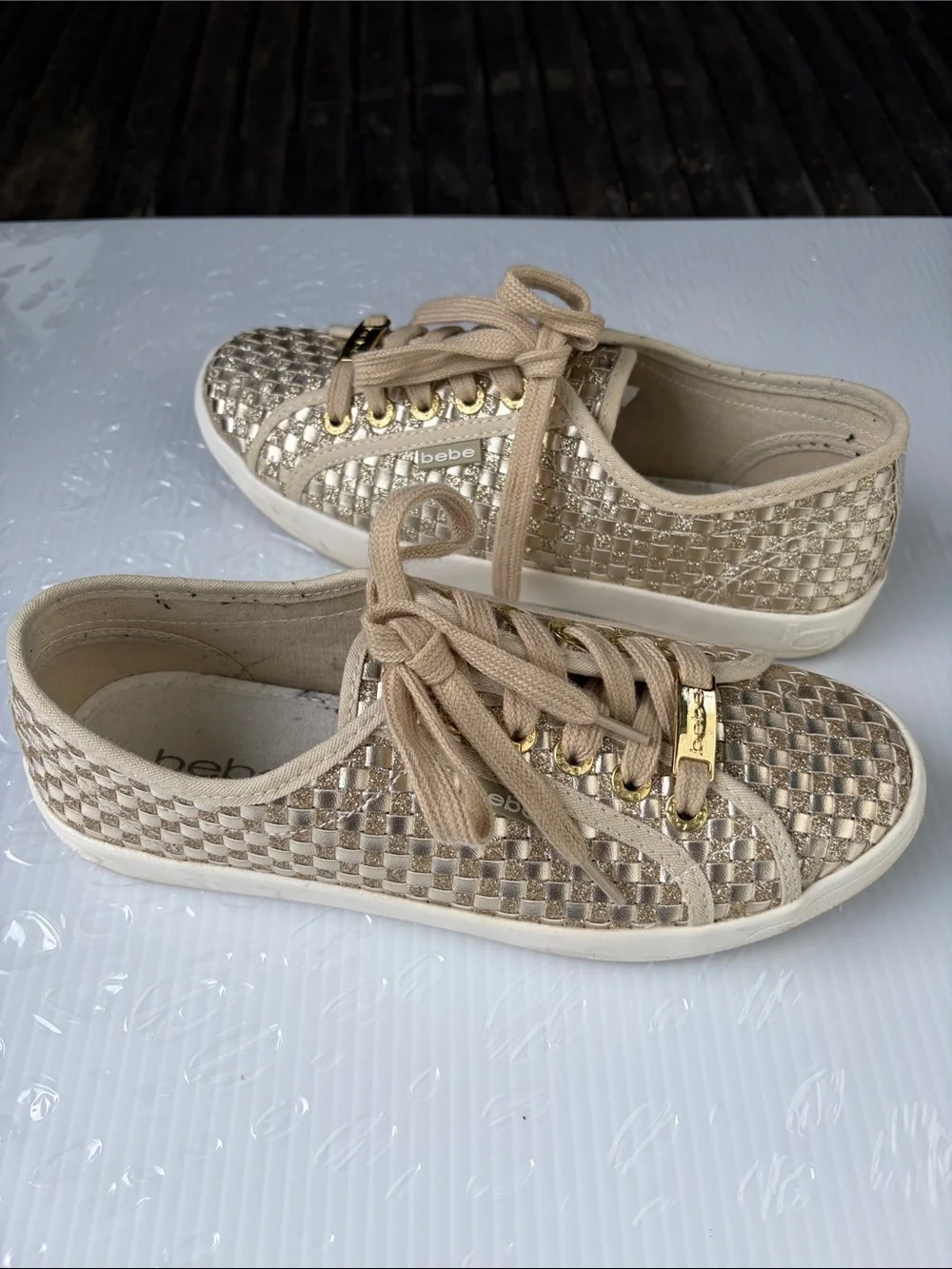 bebe Metallic Beige Woven Lace-Up Sneakers with Gold Accents